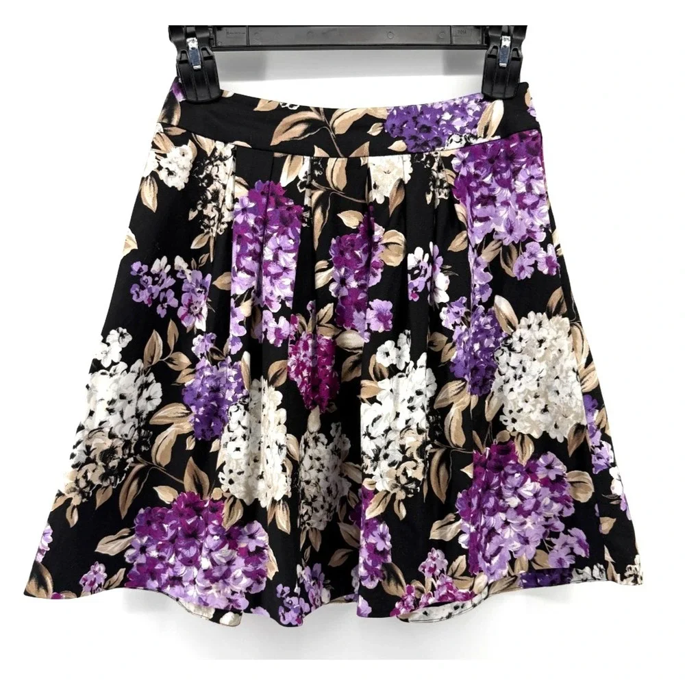 White House Black Market Pleated A Line Skirt Purple White Floral Pocket Women 4